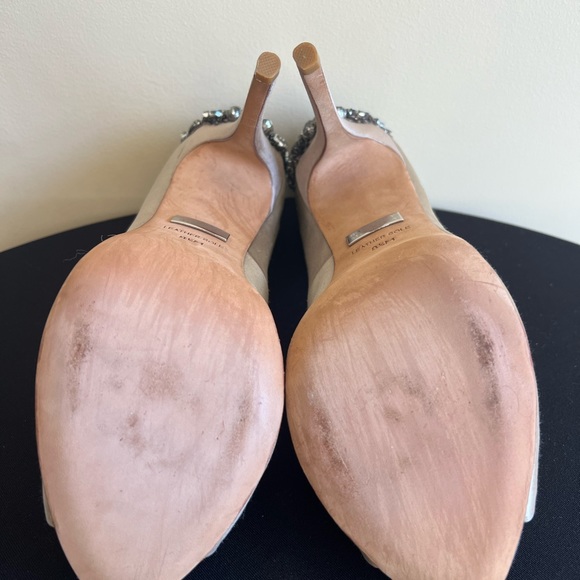 Badgley Mischka Latte Satin Embellished Peep Toe Heels - Picture 6 of 6